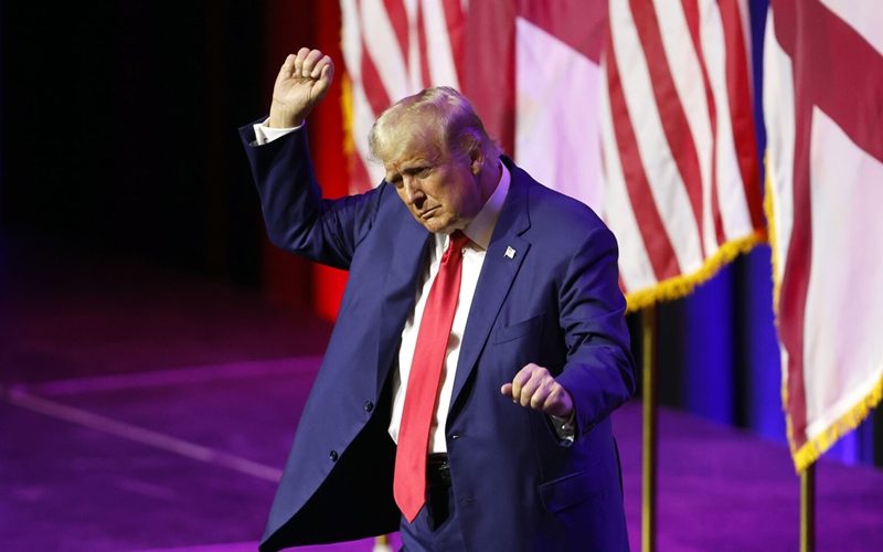 Former President Donald Trump dances after speaking at a fundraiser for the Alabama republican party Friday, Aug. 4, 2023 in Montgomery, Ala. (Alabama Reflector Photo by Stew Milne)