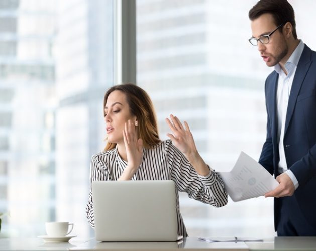 Tired bothered businesswoman abstracting from work refuse accept or consider report, annoyed female ceo gesturing rejecting mad business client or subordinate not looking at papers or documents